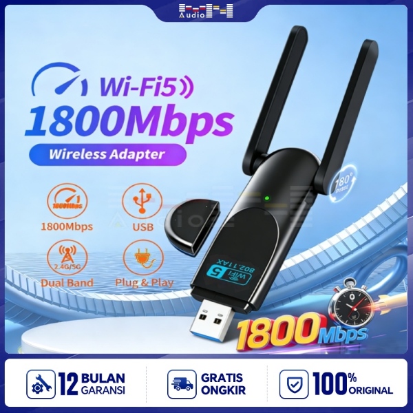 Adaptor USB WiFi Receiver Dual Band 1800Mbps 2.4G/5GHz, 2x2 Antena Independen WIFI Dongle Plug and P