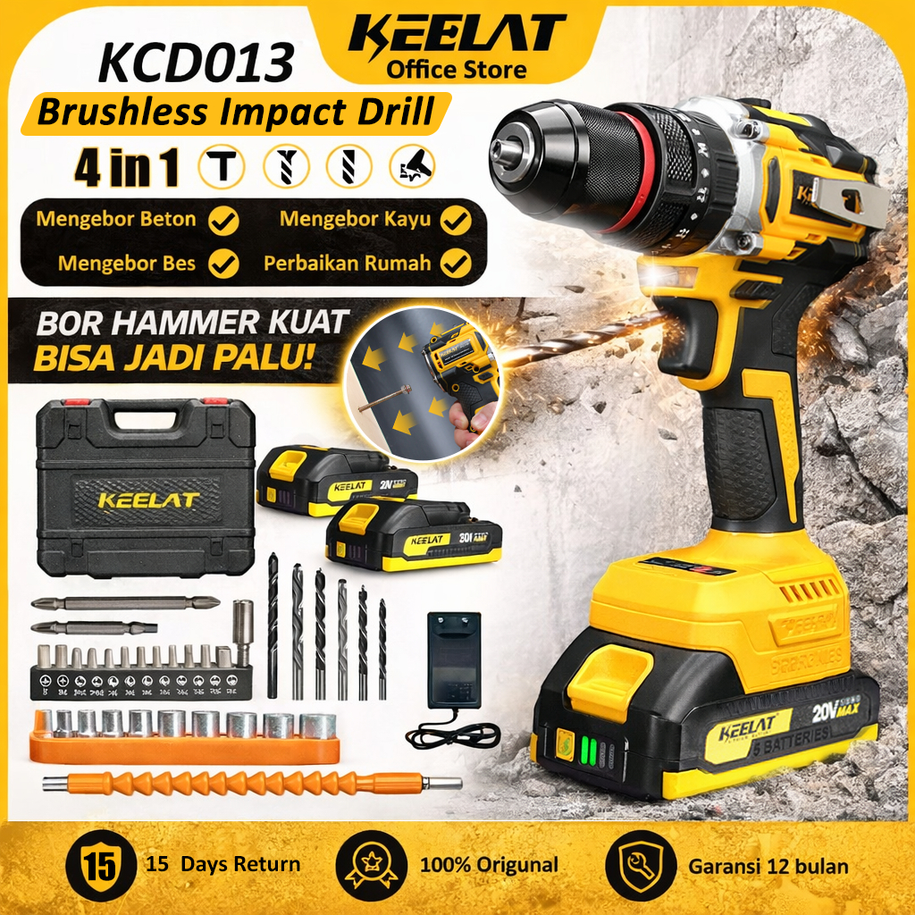 KEELAT-KCD013  Brushless Mesin Bor 2 Baterai  Cordless  Bor Impact Screwdriver Multifunction  bor li