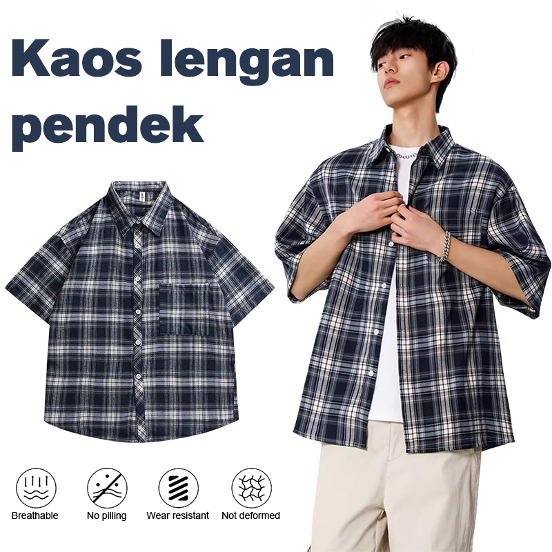 LW-Kameja planel pria Baju kemeja flanel Pria Premium Kemeja flanel pria pendek Murah Korean style
