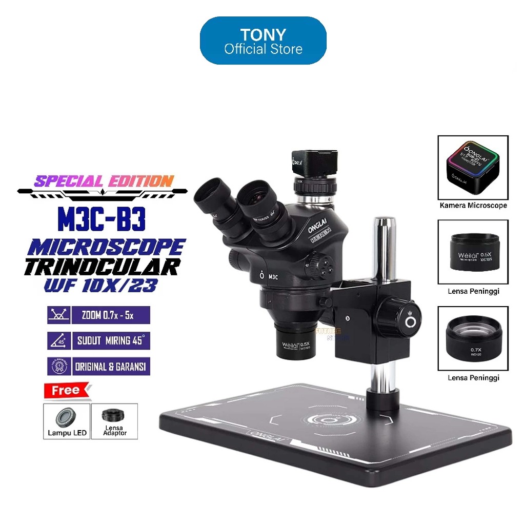 Onglai Fixtool M3C-B3 Microscope Trinoculer [ FREE LAMPU LED + CTV ADAPTOR ] + LENSA PENINGGI 0,5X /