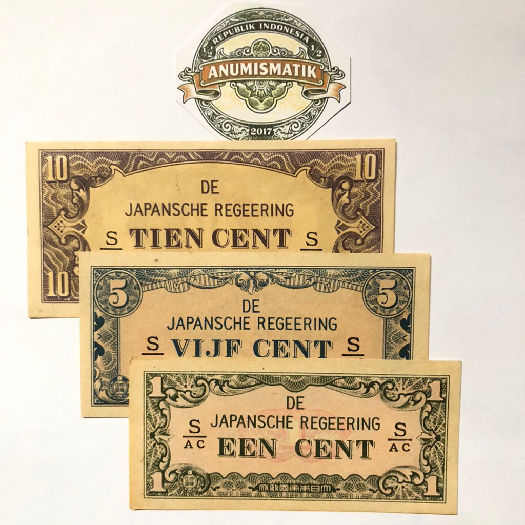 Uang Kertas Kuno 1 - 10 Sen Seri DJR Era Pendudukan Jepang Tahun 1942 Lengkap Kondisi Bagus UNC - Xf