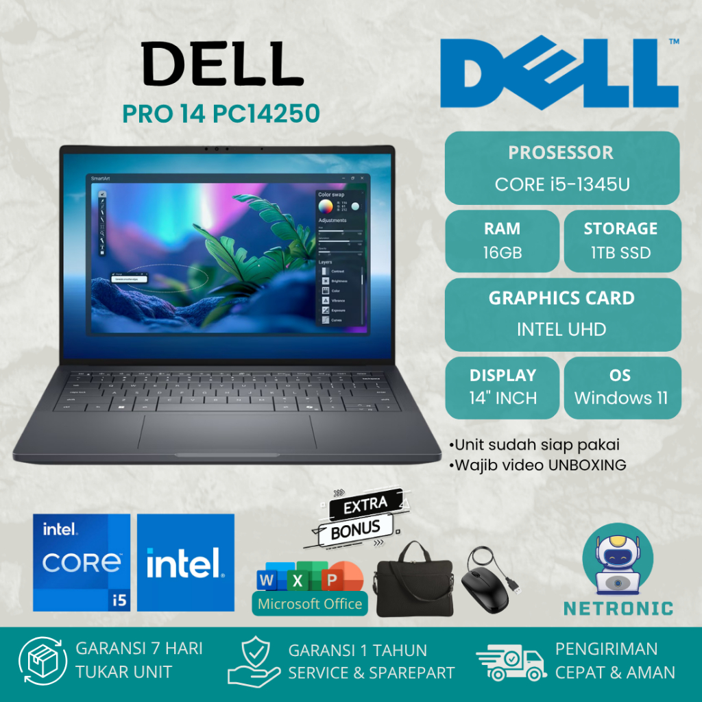 DELL Pro 14 PC14250 INTEL CORE i5-1345U RAM 16GB SSD 1TB 14" WUXGA