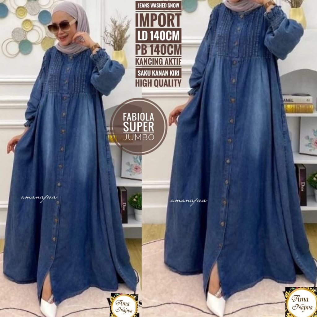 JUMBO LD 120 dan LD 140 cm FABIOLA BAJU WANITA GAMIS JEANS BY AMANAJWA