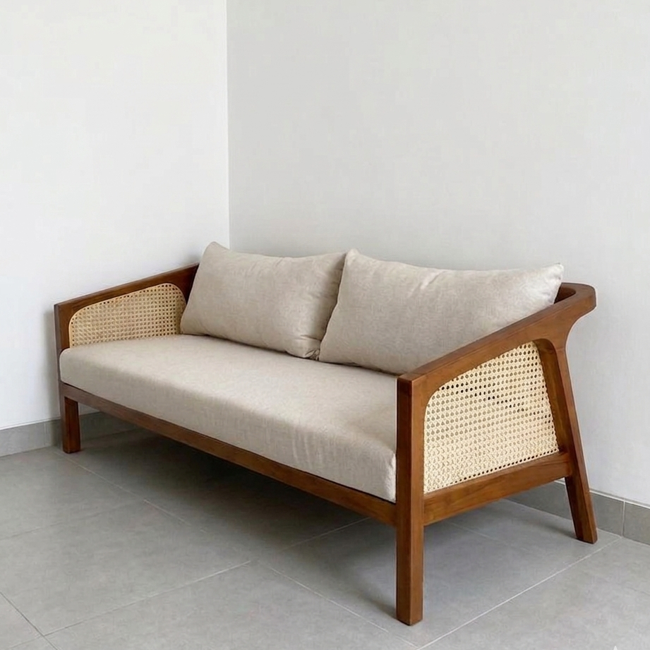 Sofa Minimalis Rotan Mix Kayu Jati 2 Seater