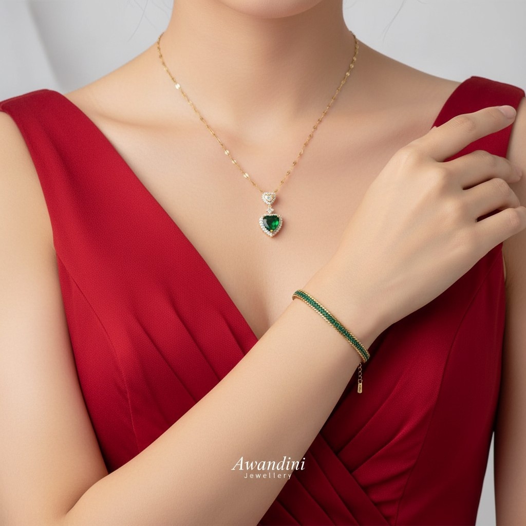 Set Aksesoris Wanita Kenya Kalung Gelang Titanium Gold Simple Modern Stylish Awandini Jewellery