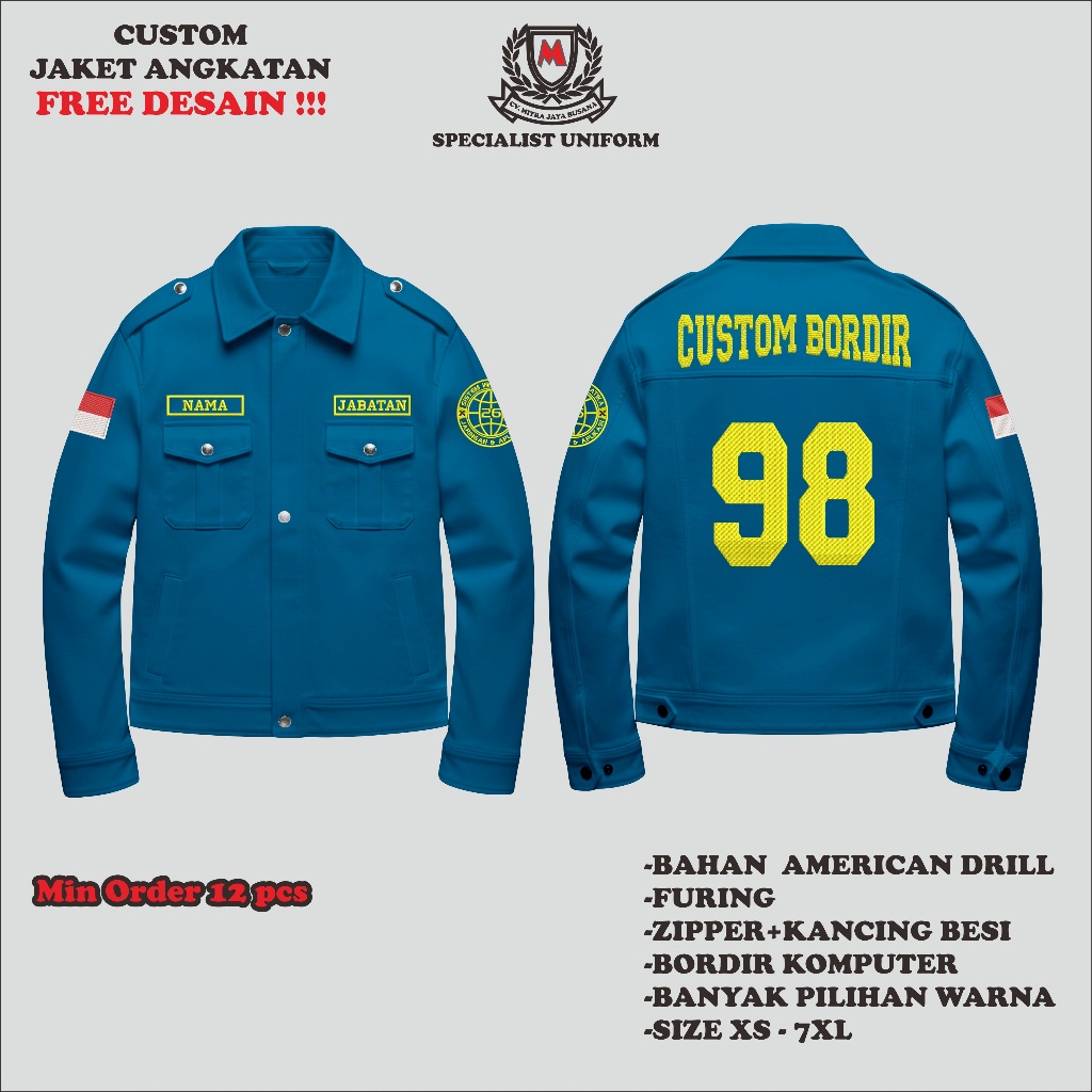 CUSTOM JAKET ANGKATAN -ALMET BORDIR  BAHAN AMERICAN DRILL