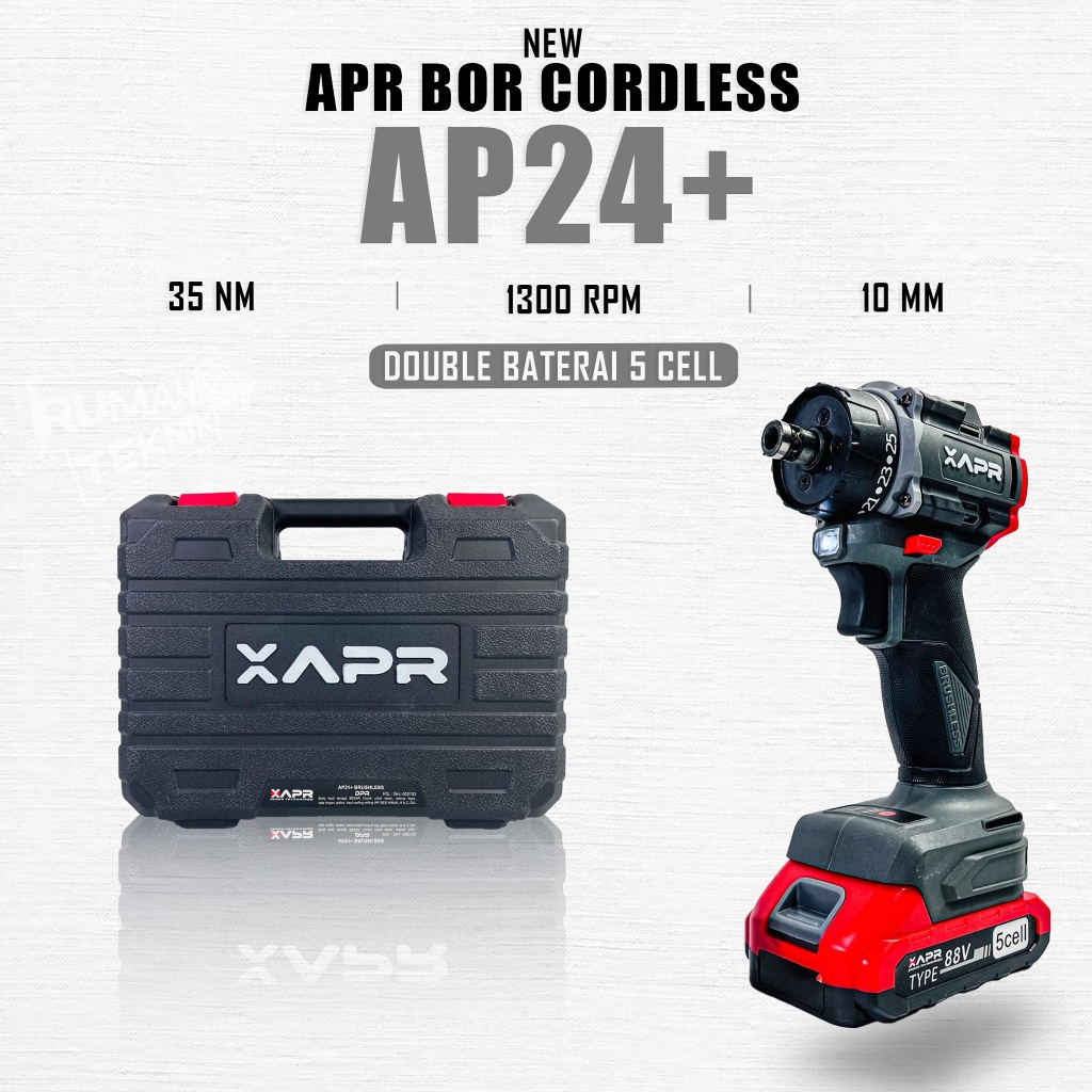 APR Bor Cordless Brushless 10mm AP24+ - Bor Baterai Keyless Auto Lock Fullset Aksesoris (2 Baterai)