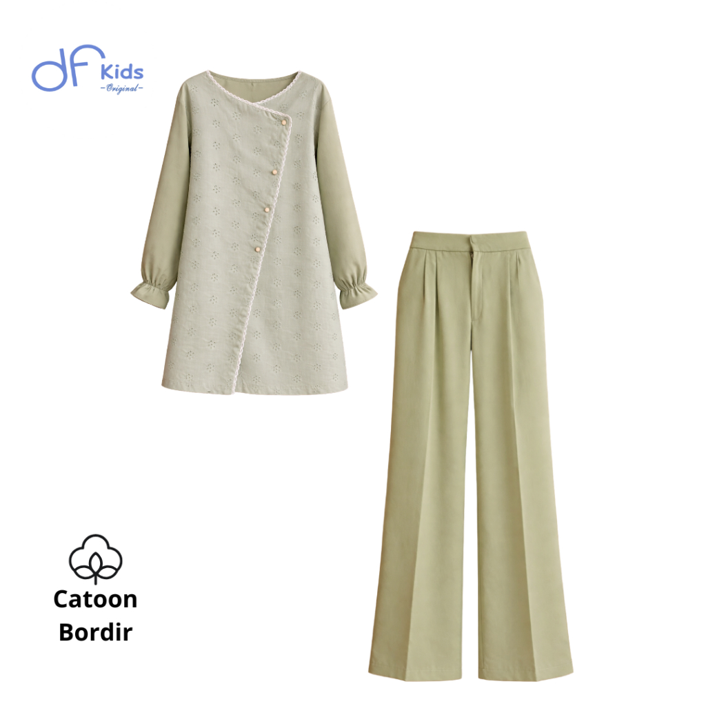 DFKids Set Couple Tunik Bordir  Dewasa | Baju Keluarga Lebaran Premium Catoon Bordir | Atasan & Cela