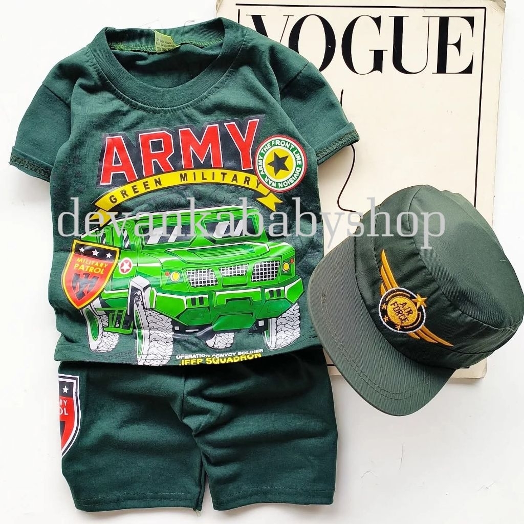 SETELAN ARMY TENTARA ANAK LAKI LAKI BAHAN KAOS ADEM BAGUS BISA PAKAI TOPI UMUR 1-10 TAHUN