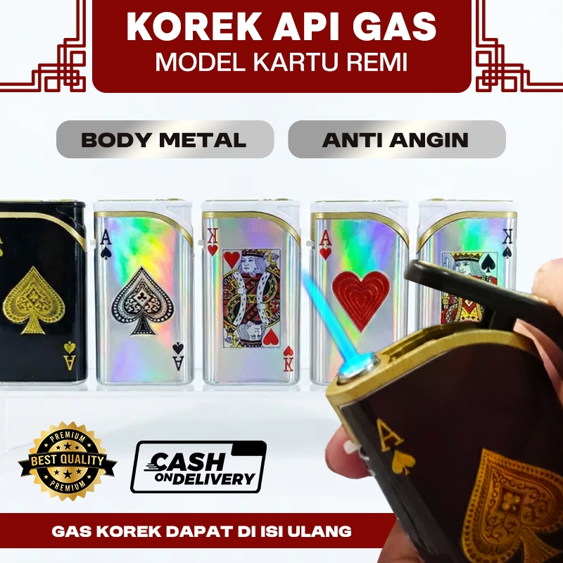 Korek Api Bara Model Kartu Remi Bahan Besi Tahan Angin / Korek Mancis Gas Windproof Bisa Diisi Ulang