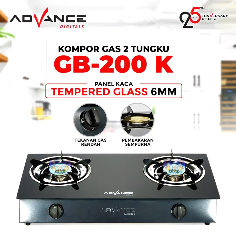 Advance GB-200K Kompor 2 Tungku Kaca | Api Besar Hemat Gas Garansi Resmi