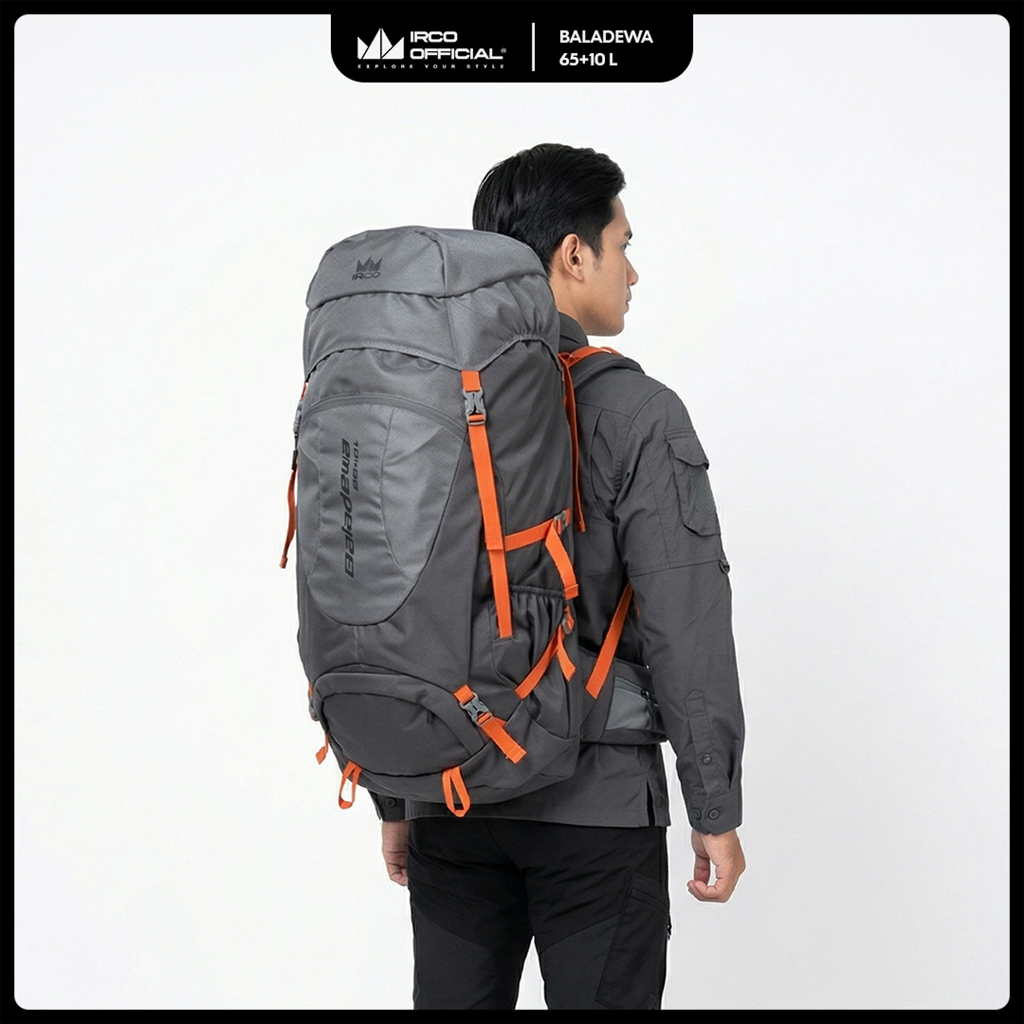 IRCO Baladewa Tas Carrier 65+10 Liter Adjustable Backsystem Double Frame Aluminium Free Raincover