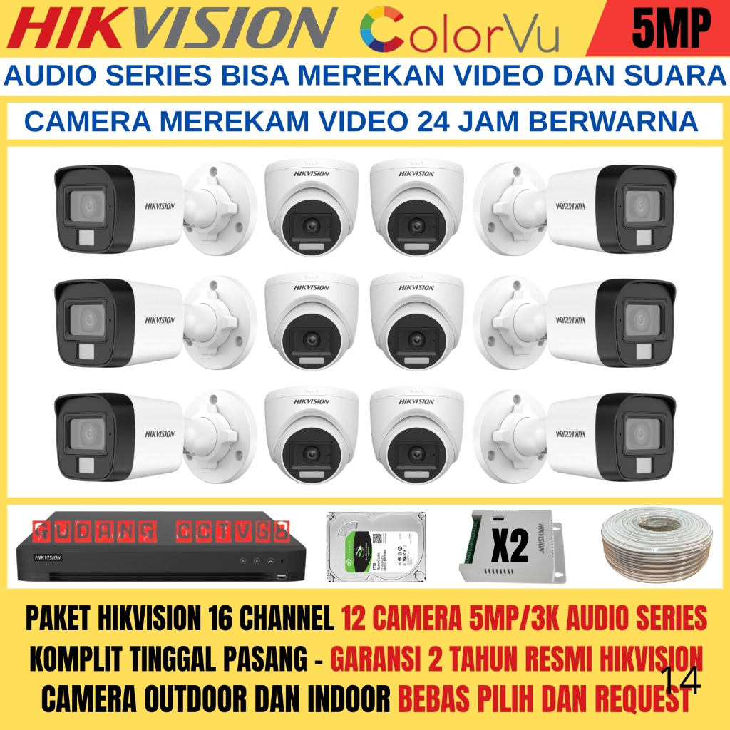 Paket CCTV HIKVISION 16 Channel 12 Camera HIKVISION 5MP Colorvu 3K Full Colour AUDIO SERIES Komplit