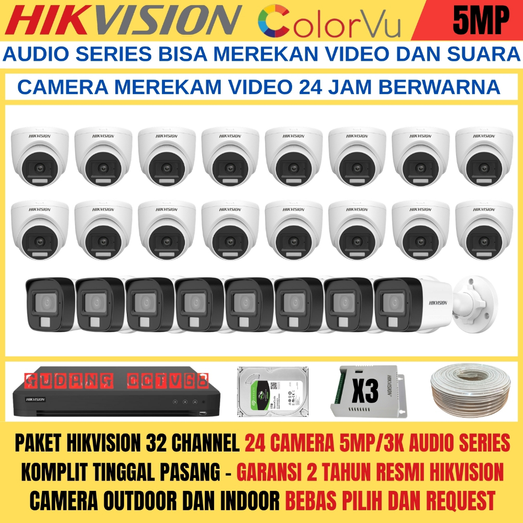 PAKET CCTV HIKVISION DVR 32 CHANNEL 24 CAMERA HIKVISION 5MP FULL COLOUR 3K COLORVU AUDIO SERIES