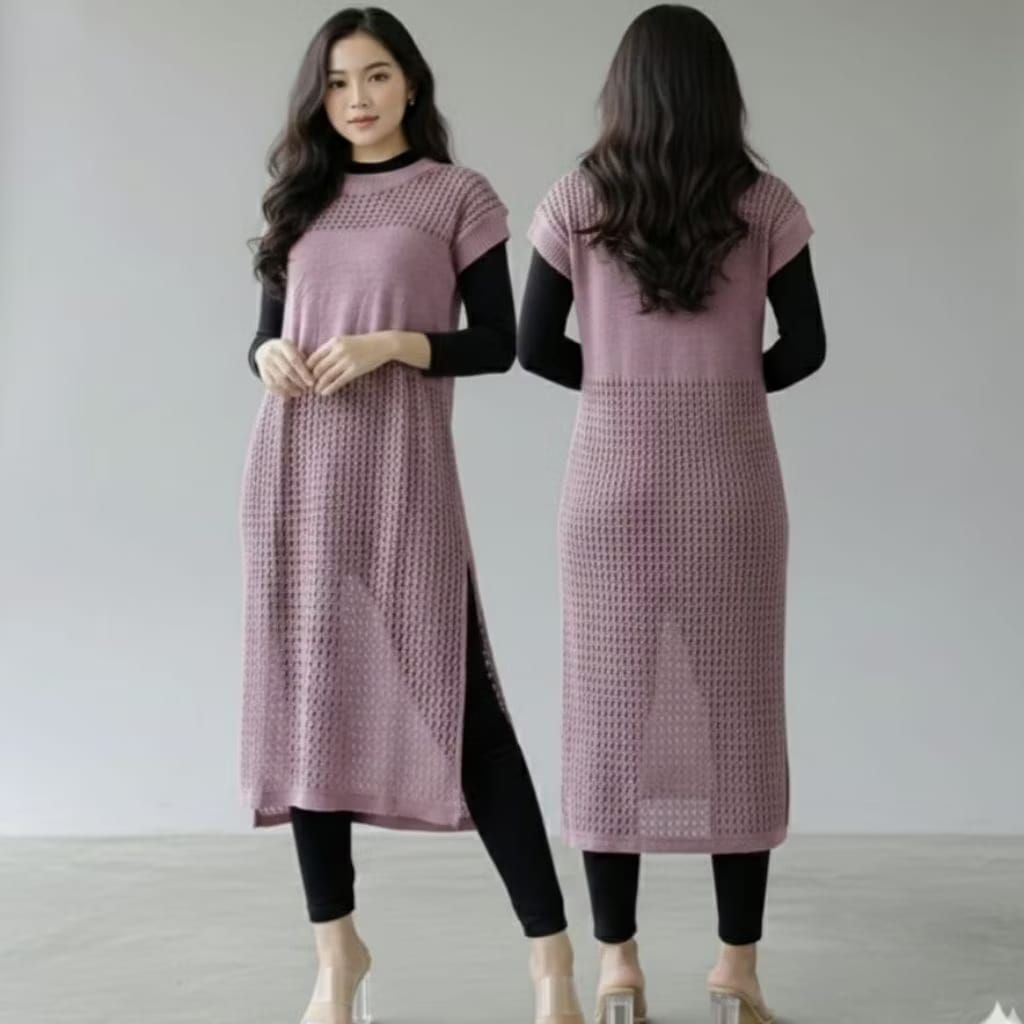 Ruby knit outer premium import - tunik jaring rajut wanita belah samping