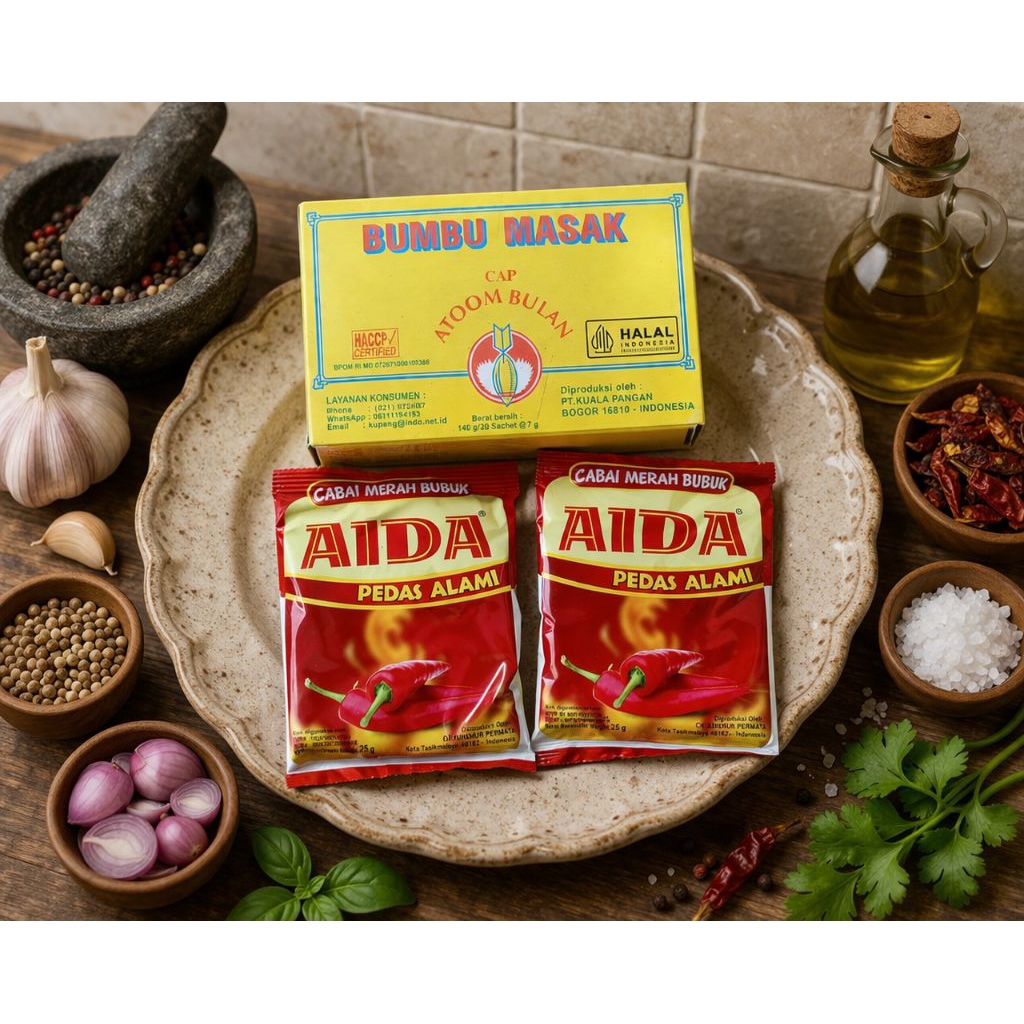 Niraw) Aida 25gr dan  1 dus Atom cap Bulan bumbu masak cemilan enak gurih
