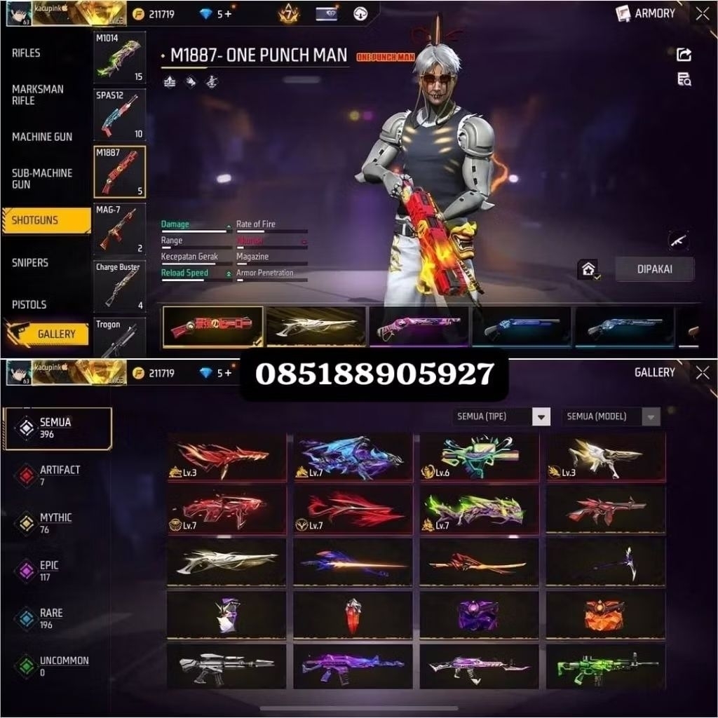 AKUN FF SULTAN-LEVEL TINGGI, SKIN LENGKAP READY AKUN FF MURAH-BAGUS FULL SKIN