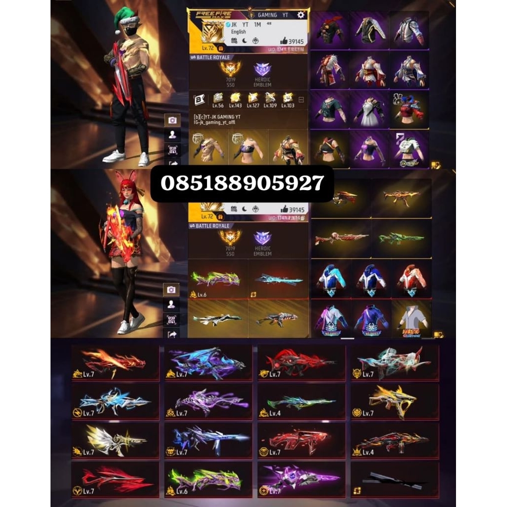 AKUN FF SULTAN-LEVEL TINGGI, SKIN LENGKAP READY AKUN FF MURAH-BAGUS FULL SKIN