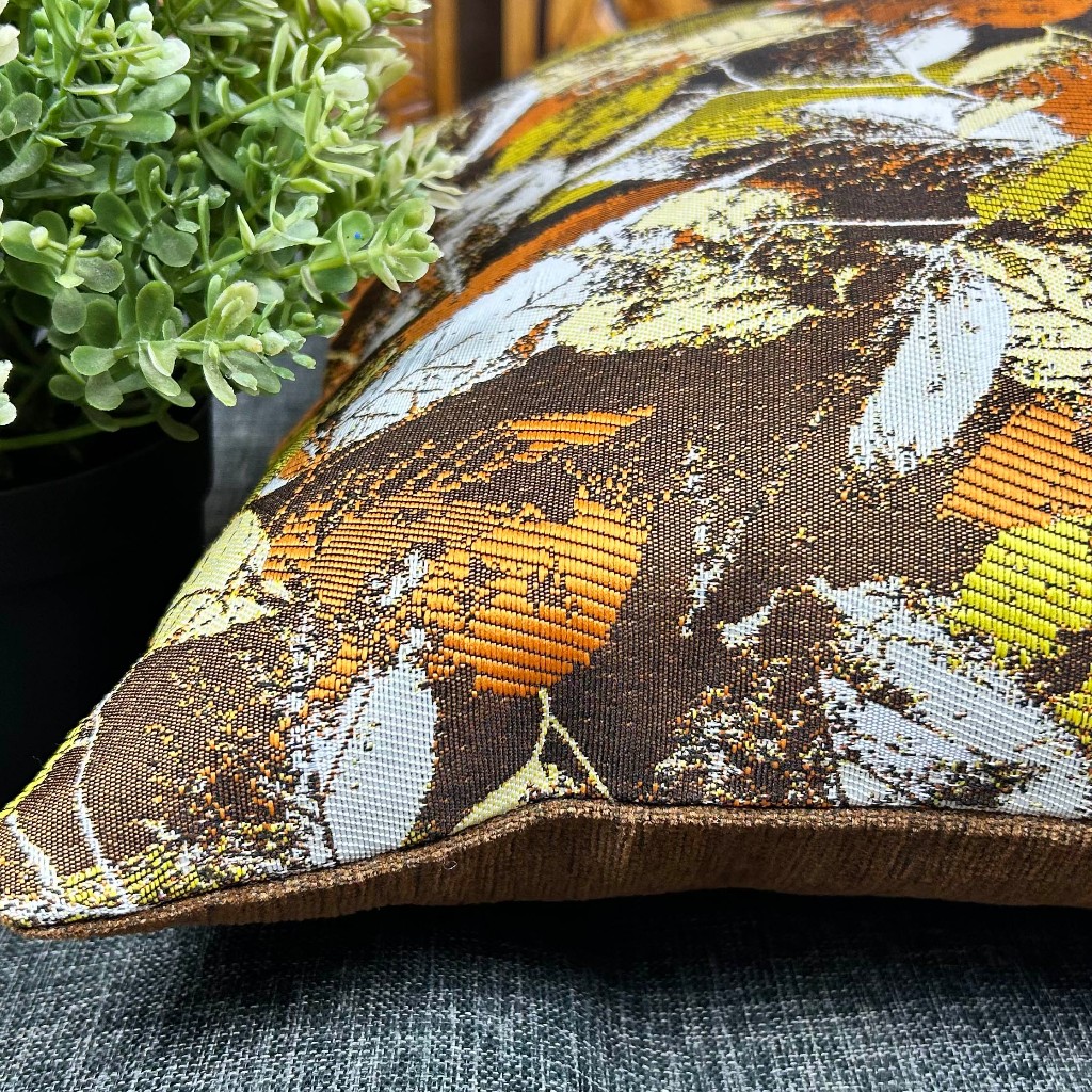 Sarung Bantal Sofa Kursi Tamu Ekspor Mewah Modern Premium Motif Daun Coklat Kuning 40x40