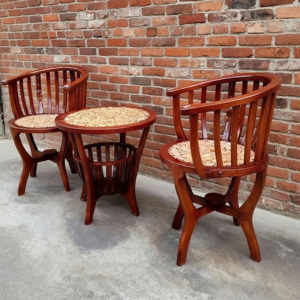 Set Kursi Teras Jati Unik + Meja Bulat Kursi Santai Elegan Mangkok