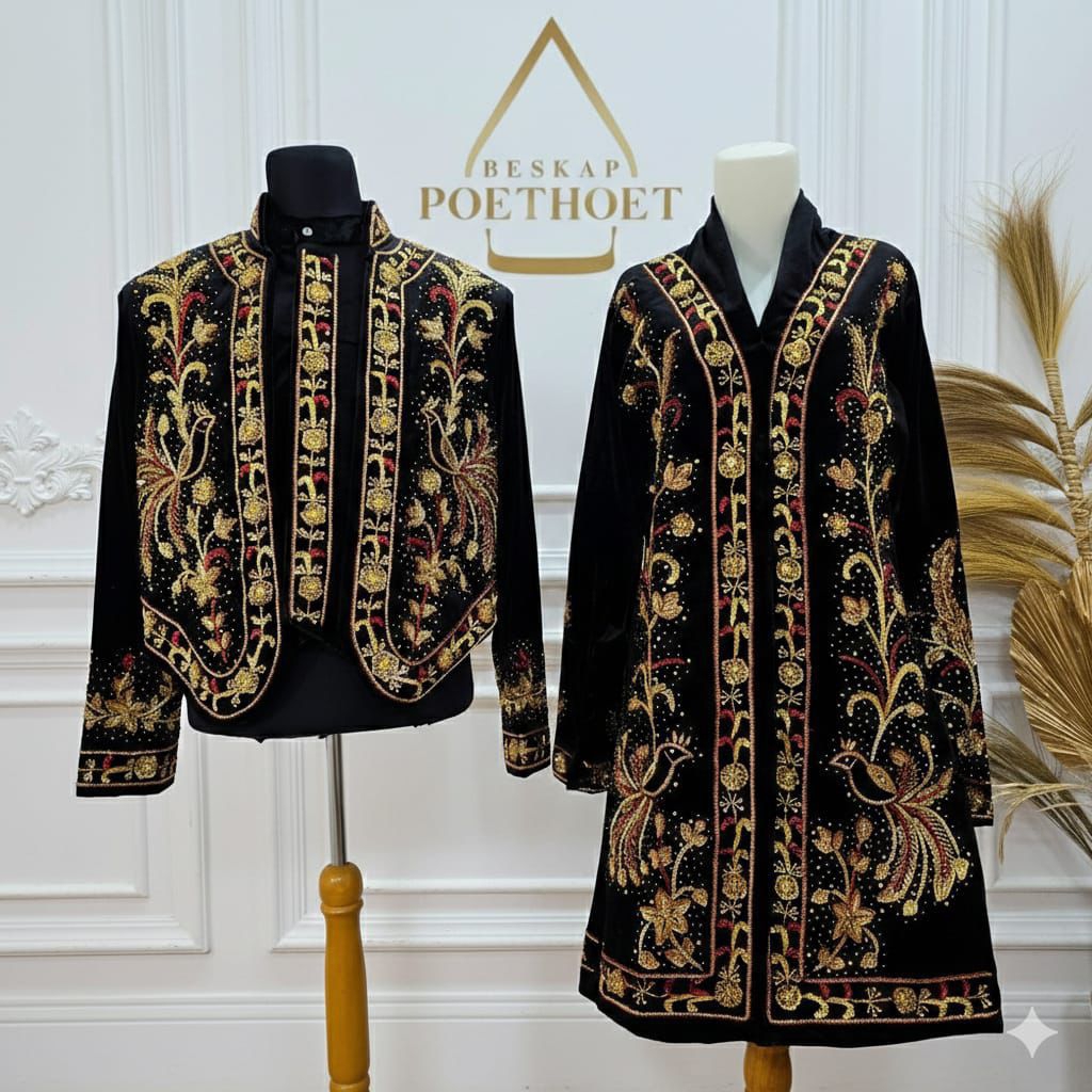 Set kebaya beskap beludru pengantin jawa solo kutubaru hitam payet jepang MGB gold mixed maroon