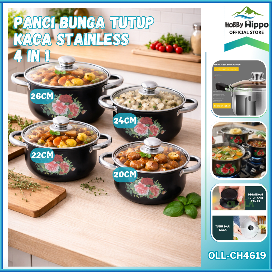 PANCI BUNGA SET 4 SUSUN STAINLESS STEEL TUTUP KACA SOUP POT MULTIFUNGSI OLL-CH4619