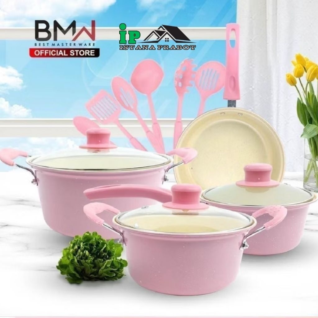 Panci Set 13pcs Rivera Teflon Pink Tutup Kaca ,Gagang  Besi Anti Panas