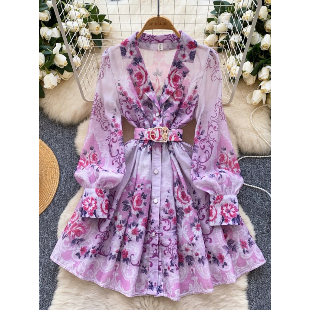 Dress wanita korea panjang bunga ungu