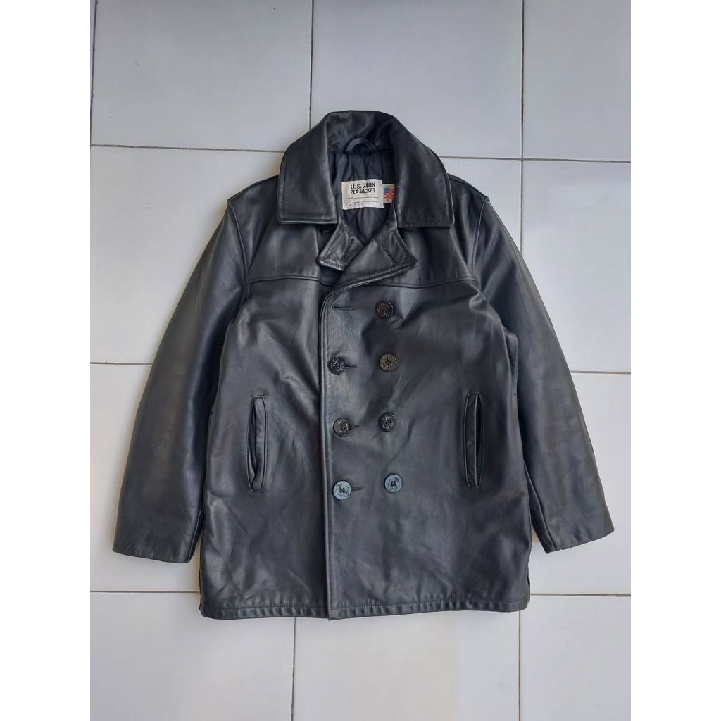 SCHOTT USA VINTAGE PEACOAT MILITARY LEATHER JACKET CLASSIC RETRO RUGGED STYLE JAKET KULIT COAT