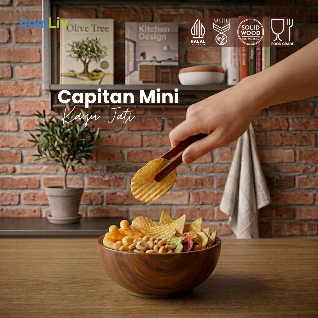 homLiv Capitan Mini Makanan Kayu Jati 13 Cm Capitan Mini Wooden Tongs Capitan Foodgrade