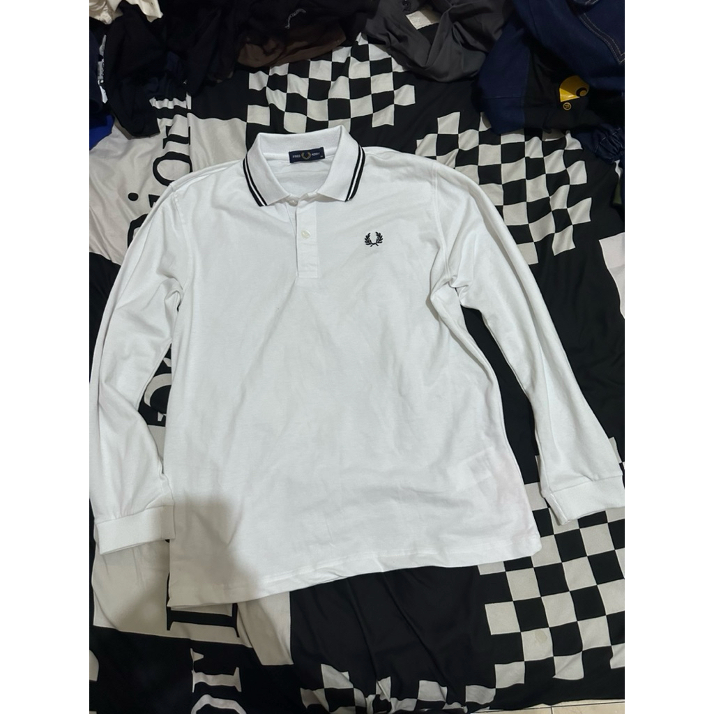 Long Sleeve Fred Perry Twin Tipped Polo Shirt WHITE BLACK BEKAS