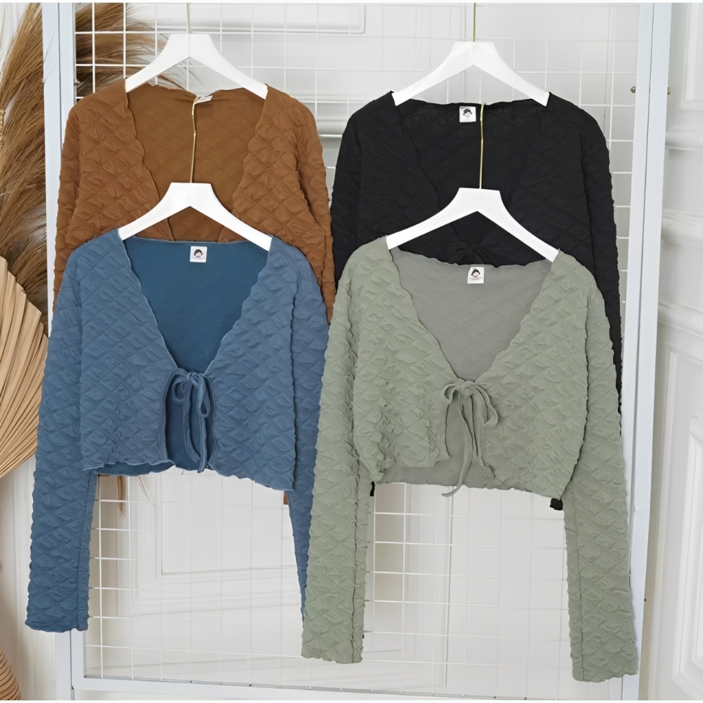 Cardigan Bubble Puff Knit Crop Top Wanita Outer Bolero Tali Depan