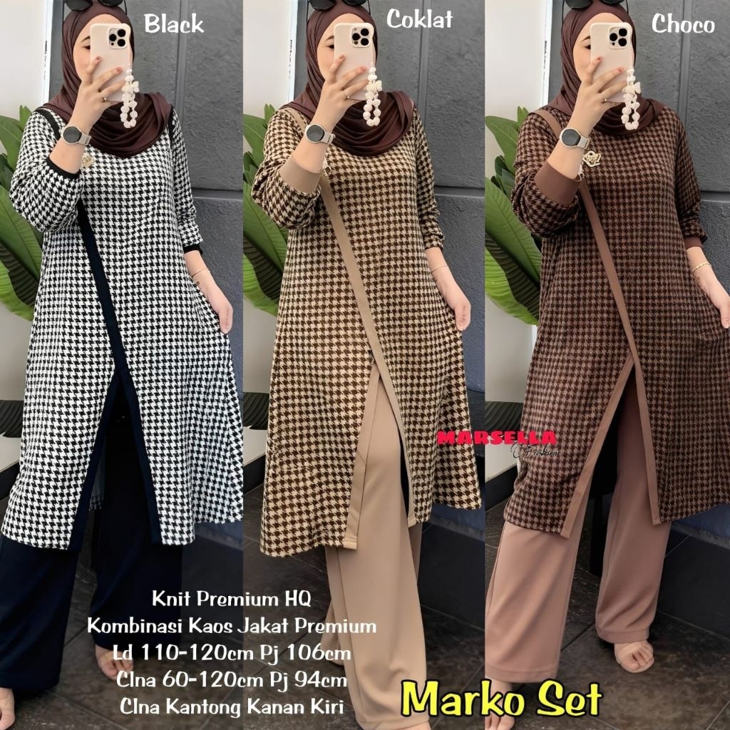 MARCO SETCEL LONG TUNIK ELEGAN MOTIF KOTAK/SETELAN TUNIK MIDI DAN CELANA PANJANG BAHAN KNIT IMPORT P