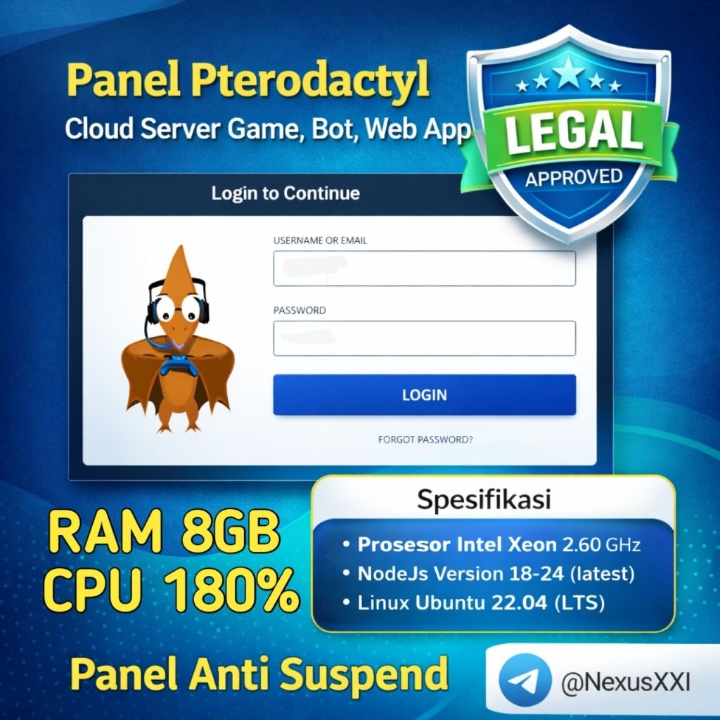 PANEL PTERODACTYL RAM 8GB CPU 180% LEGAL INDONESIA