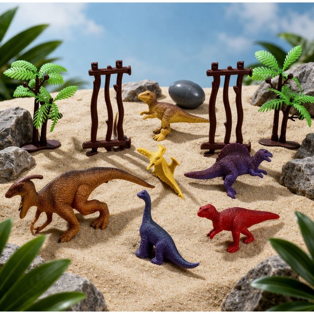 Mainan Dino Set Mini Lengkap + Aksesoris Pohon & Pagar – Figur Dinosaurus Edukatif Anak Dino Fancy M