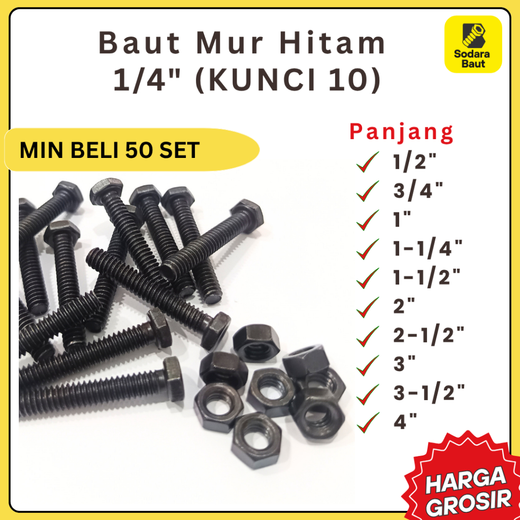 Baut 1/4" Hitam Kepala Kunci 10 Drat Kasar