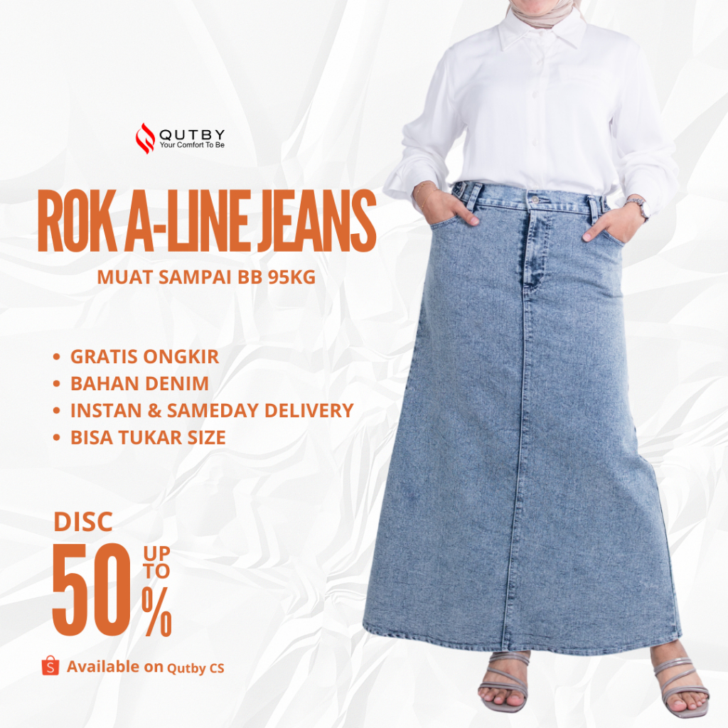 QUTBY – Rok Jeans Wanita A-Line Model Panjang Trendy | Rok Jeans Wanita Jumbo Model Highwaist