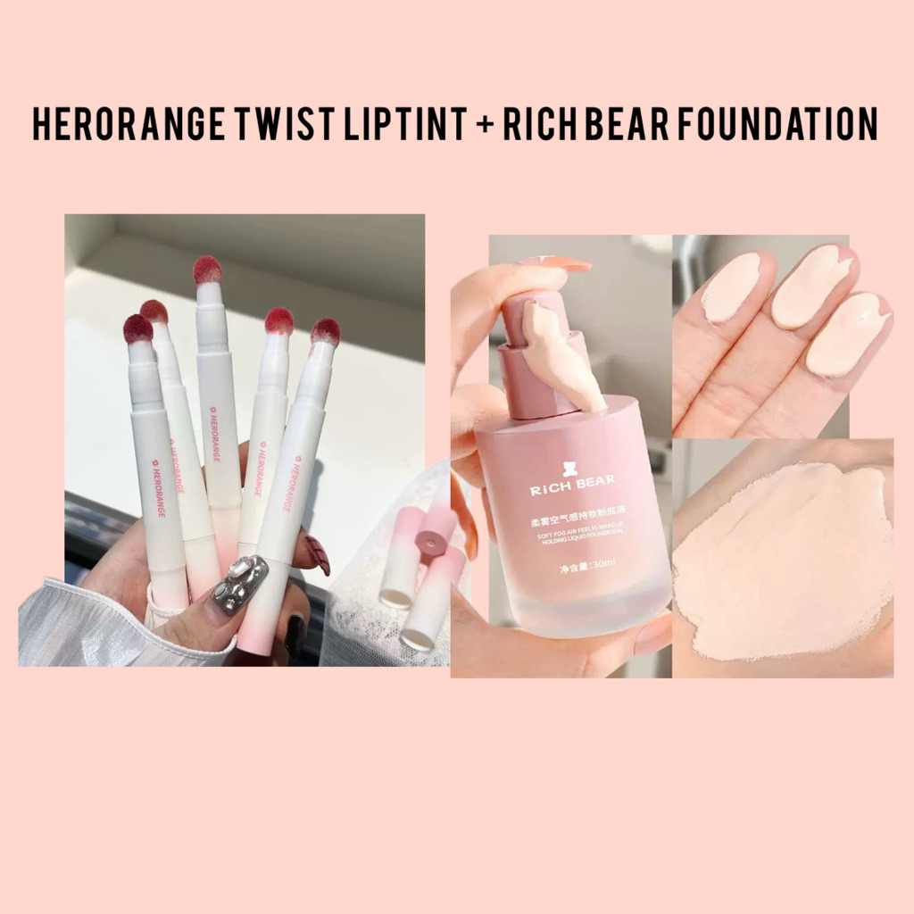 HERORANGE Lip Tint Twist + Rich Bear Foundation Set – Paket Makeup Natural Glowing Tahan Lama