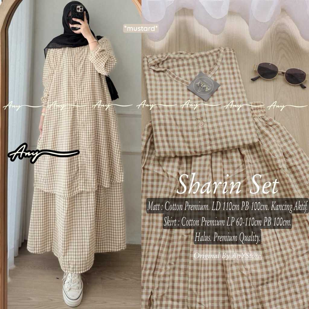 SHARIN ONESET-TUNIK DAN ROK BAHAN KATUN PREMIUM MOTIF KOTAK KECIL KANCING AKTIF PINGGANG KARET