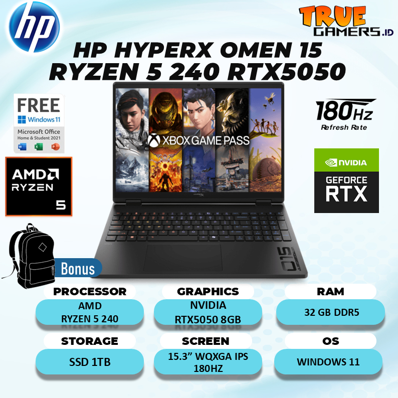 Laptop HP HyperX Omen 15 Ryzen 5 240 RTX5050 8GB - RAM 32GB SSD 1TB 15.3WQXGA 180HZ 100SRGB