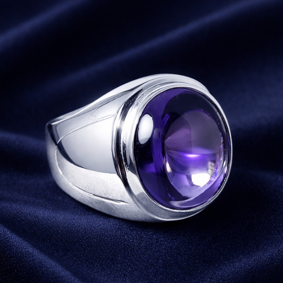 Cincin Pria Perak 950 Murni EB333 - Ring Ikat Emban Batu Akik Permata Amethyst Kecubung Custom Size