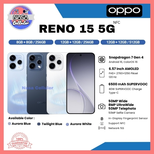 HP OPPO RENO 15 5G 12/512GB, 15 5G 12/256GB, 14 5G 12/256GB & 13 5G 12/512GB (GARANSI RESMI OPPO)