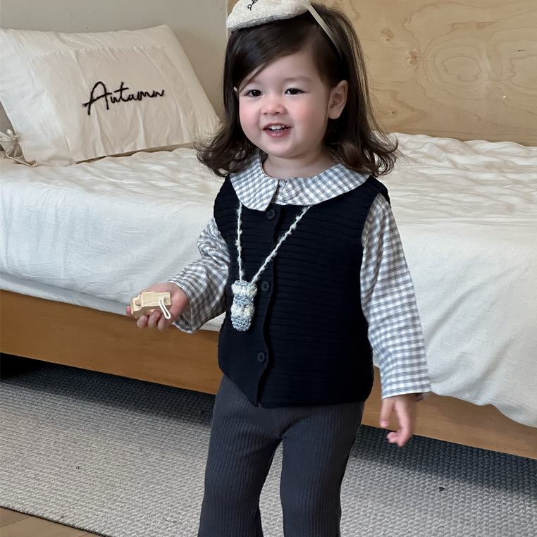 Mentari Kecil Set gaun boneka kotak-kotak untuk anak perempuan, pakaian bayi.