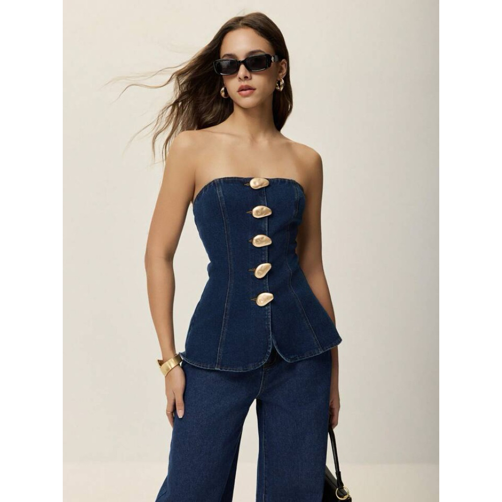 [PRE ORDER] JASTIP SHEIN Denim Strapless Top Atasan Jeans Wanita
