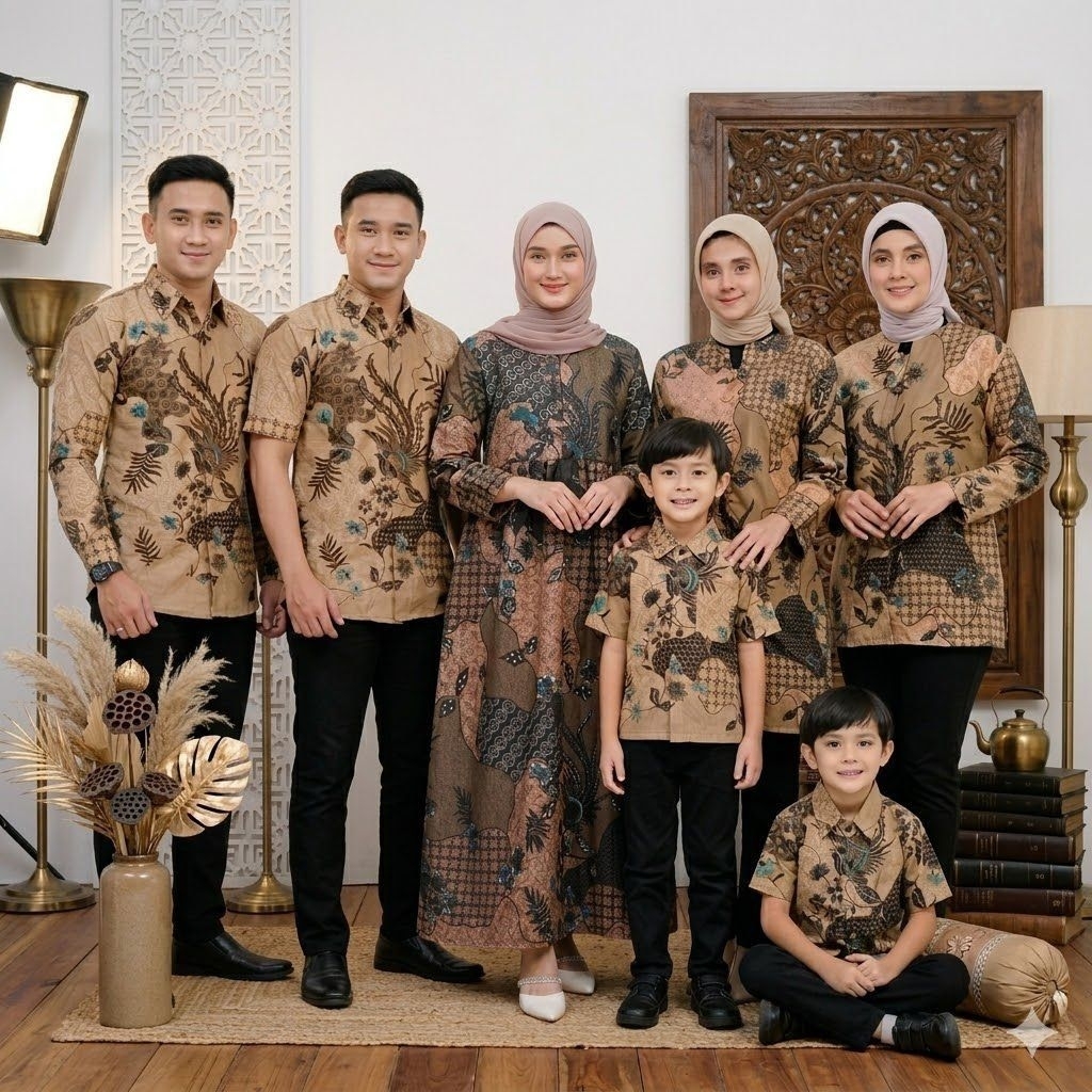 Sekarjagat Coklat || Batik Keluarga Lengkap Ayah Ibu Dan Anak Laki - Batik Couple Family Terbaru || 