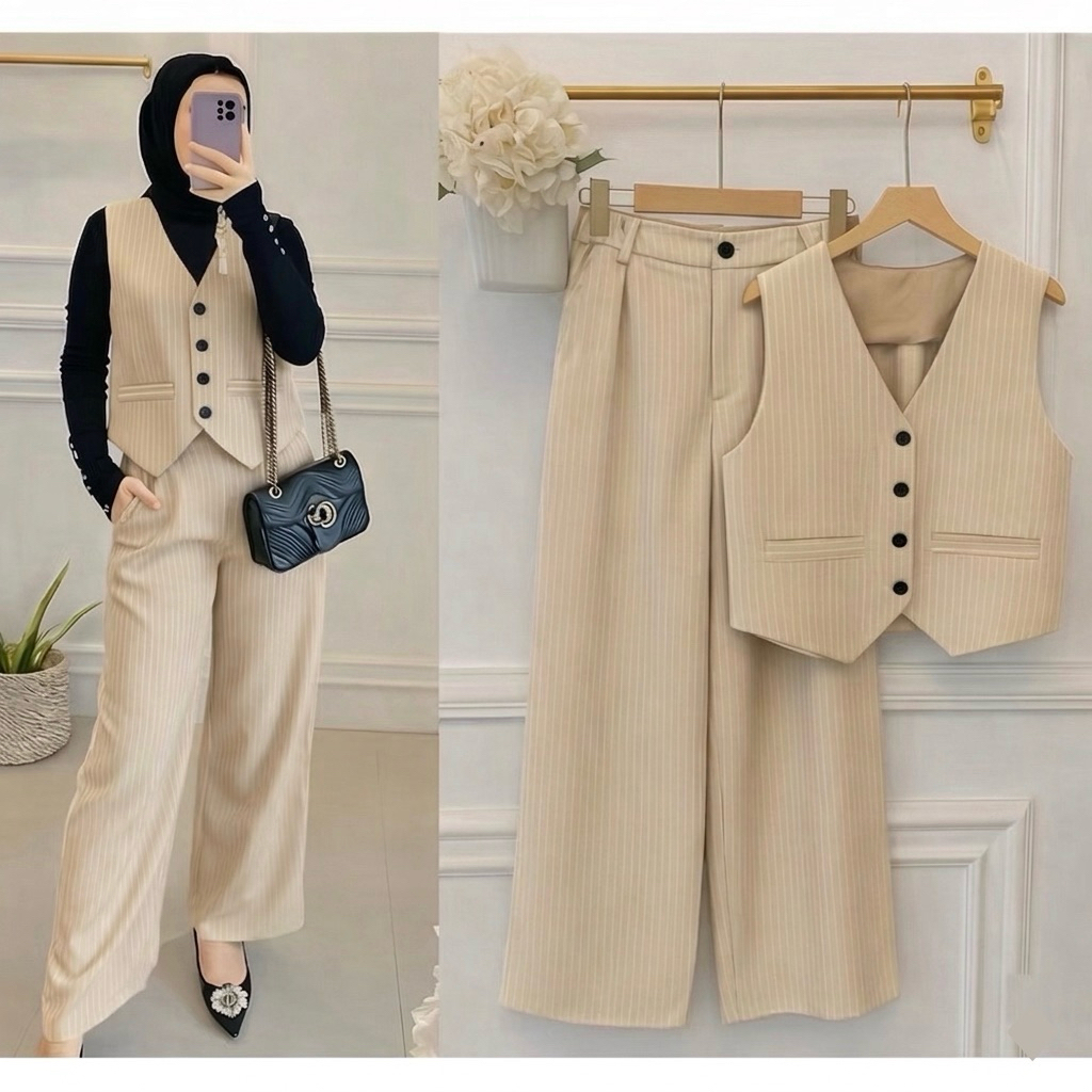 Vest set Celana salur / baju setelan wanita / set celana wanita / rompi / vest wanita Woll Stripes