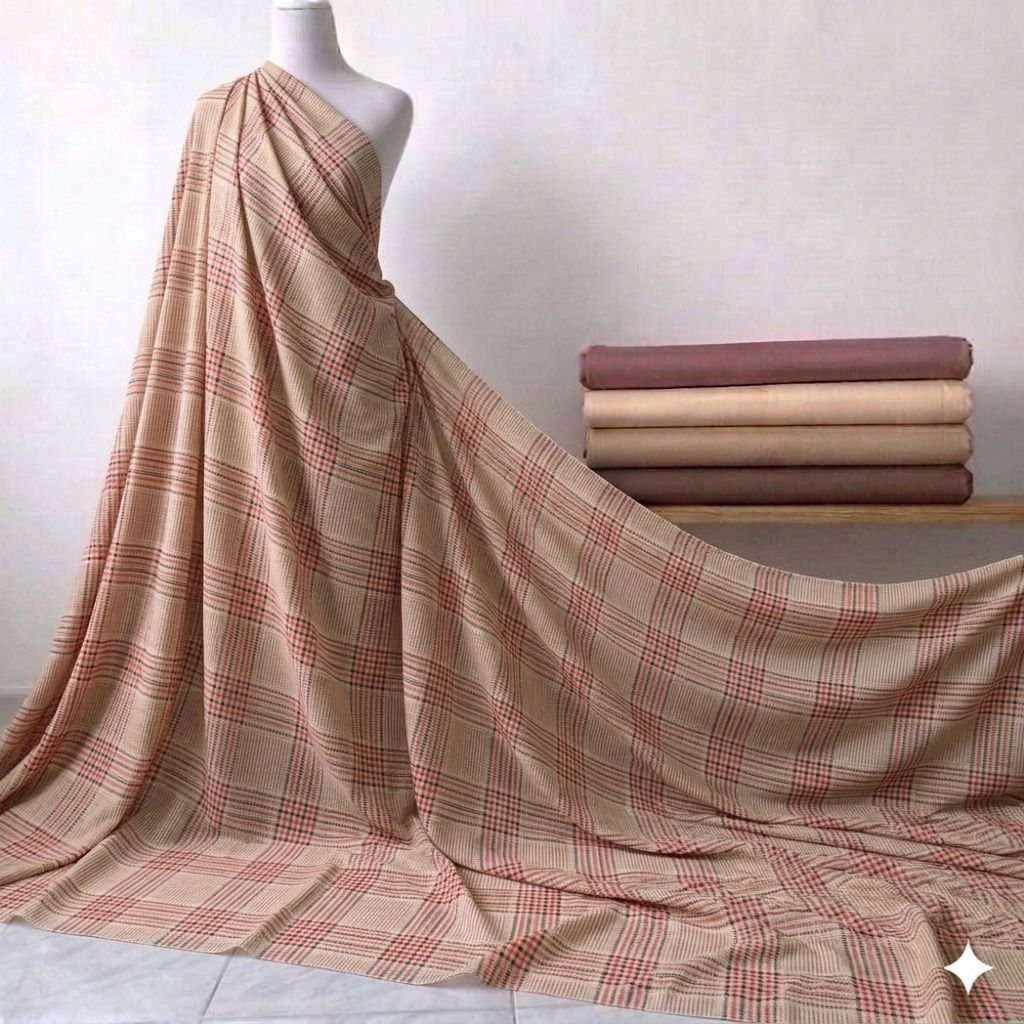 Kain Sifon Sutra Motif Kotak Coklat  / Bahan Dress Gamis Jilbab Printing Rm