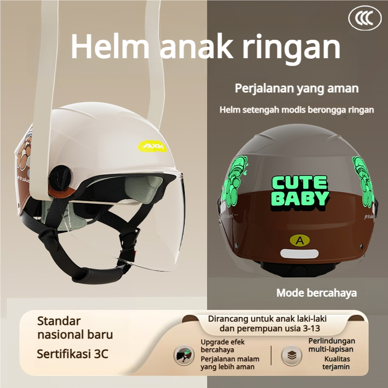 Helm Anak 3-13 Tahun Helm Motor Anak Lucu dengan Stiker Luminous, Ringan & Aman