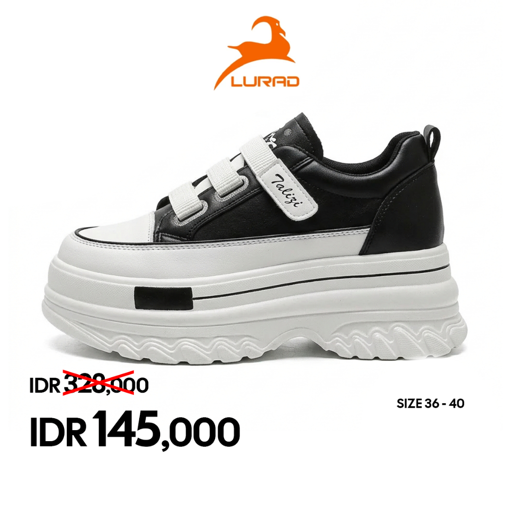 LURAD Sepatu Cewek Hak Tinggi Keren Sneakers Wanita Aksen Perekat Dua Warna Hitam Putih Sepatu Empuk