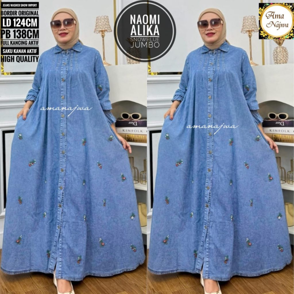 Dress Wanita JUMBO LD 120 Jeans Washed gamis Denim Bordir Mewah Baju Muslim Wanita High Quality